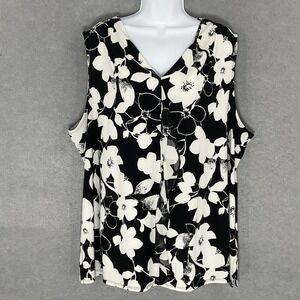 Roz & Ali Top Woman 3X Dark Floral Sleeveless Ruffle Front Stretch‎ Career Party